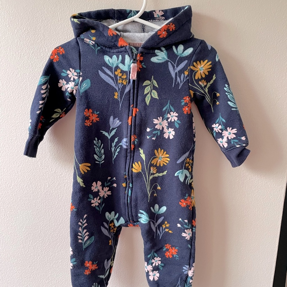 Floral fleece onesie with hood and zipper
